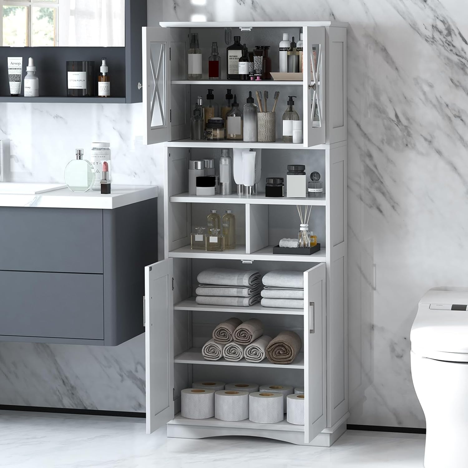 Tall Storage Cabinet White Adjustable Shelf Door Unit