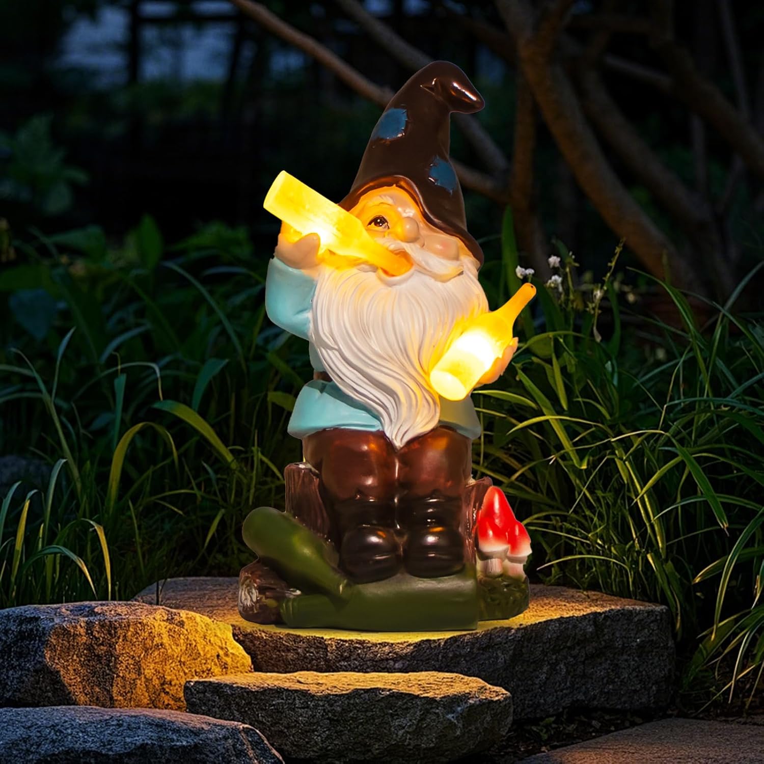 Solar Drunk Gnome Statue Bottle Light Garden Decor Outdoor 26cm