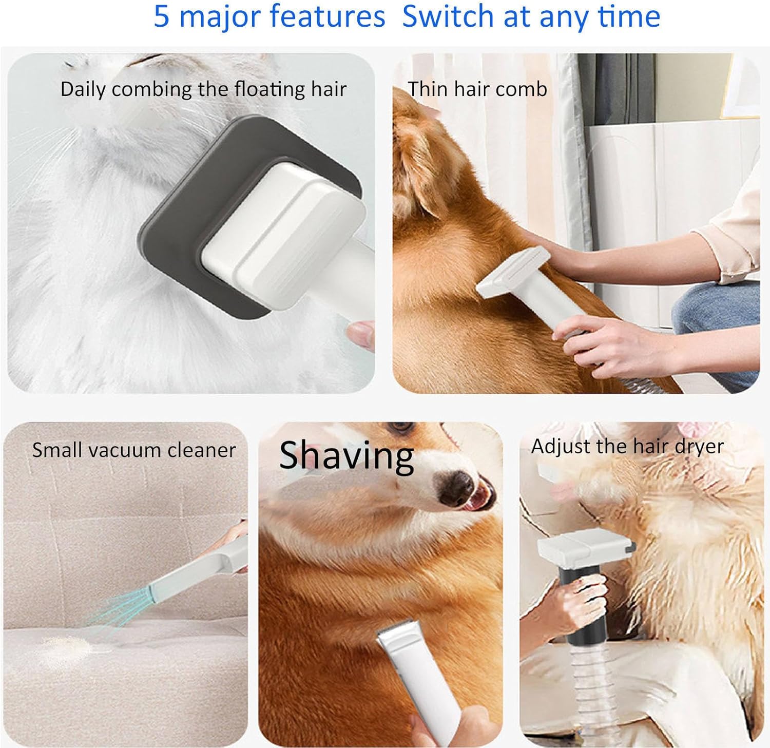 Dog Grooming Vacuum 5 in 1 20000Pa Pet Hair Clipper Low Noise 1.8L