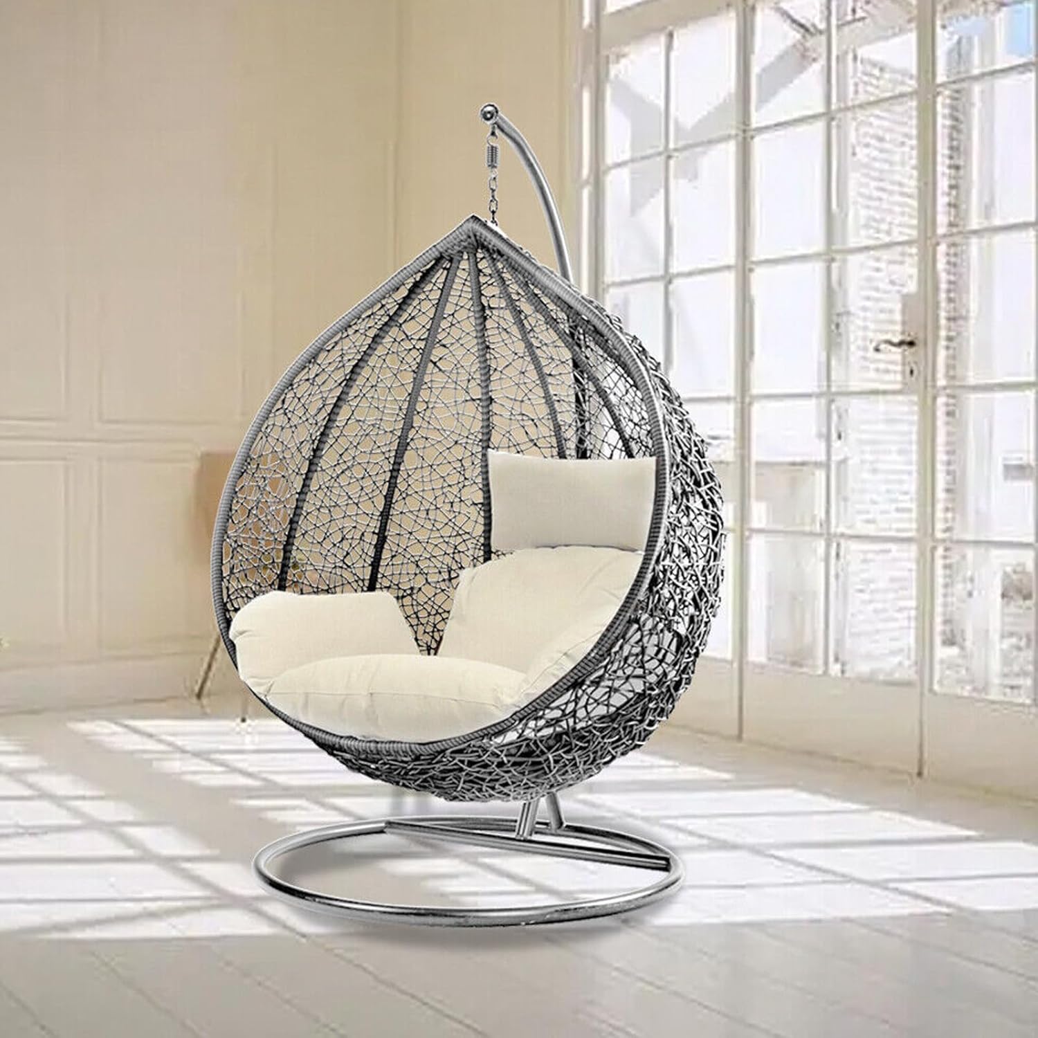 Rattan Hanging Egg Chair with Stand Cushion Grey White
