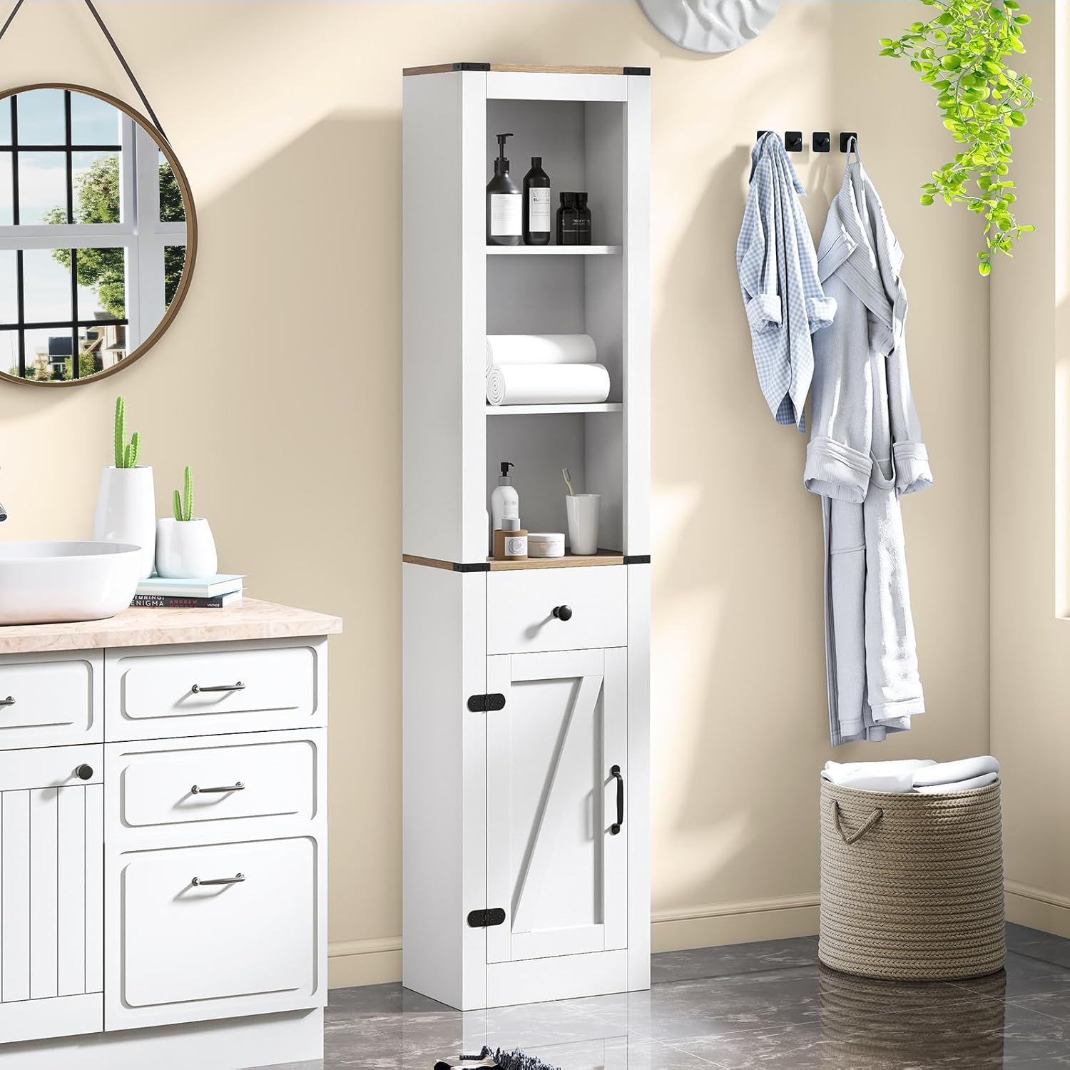 Farmhouse Slim Bathroom Tall Cabinet Barn Door Drawer Shelf Unit