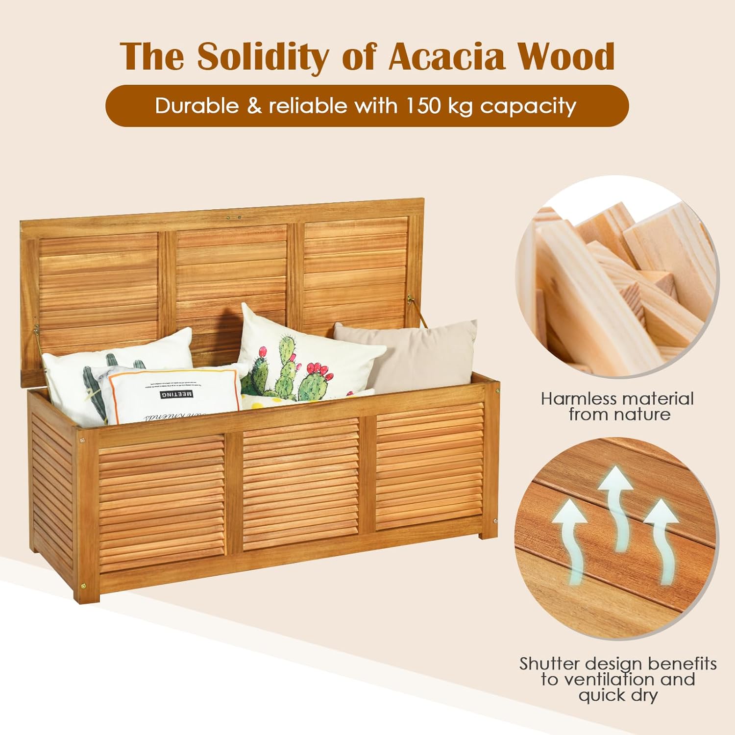 Wooden Garden Storage Bench Box Acacia Deck Chest Cushion Tool Storage