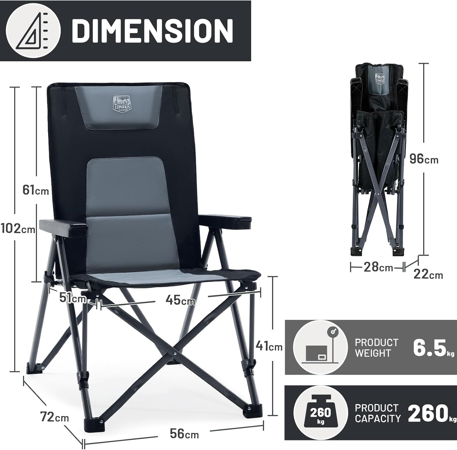 Heavy Duty Reclining Camping Chair 260kg Foldable Padded Seat