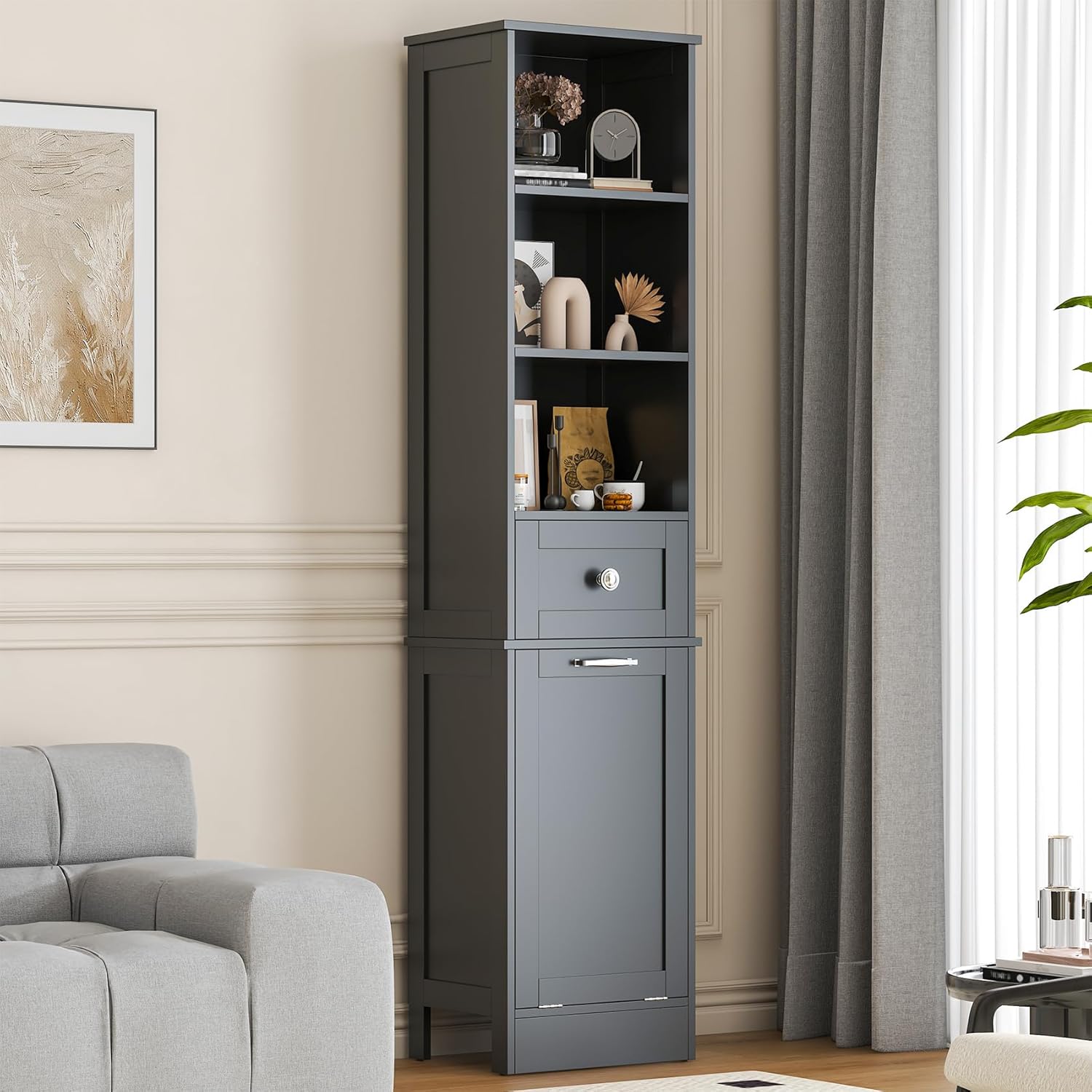 Tall Bathroom Cabinet Laundry Basket Drawer Shelves Black 170cm