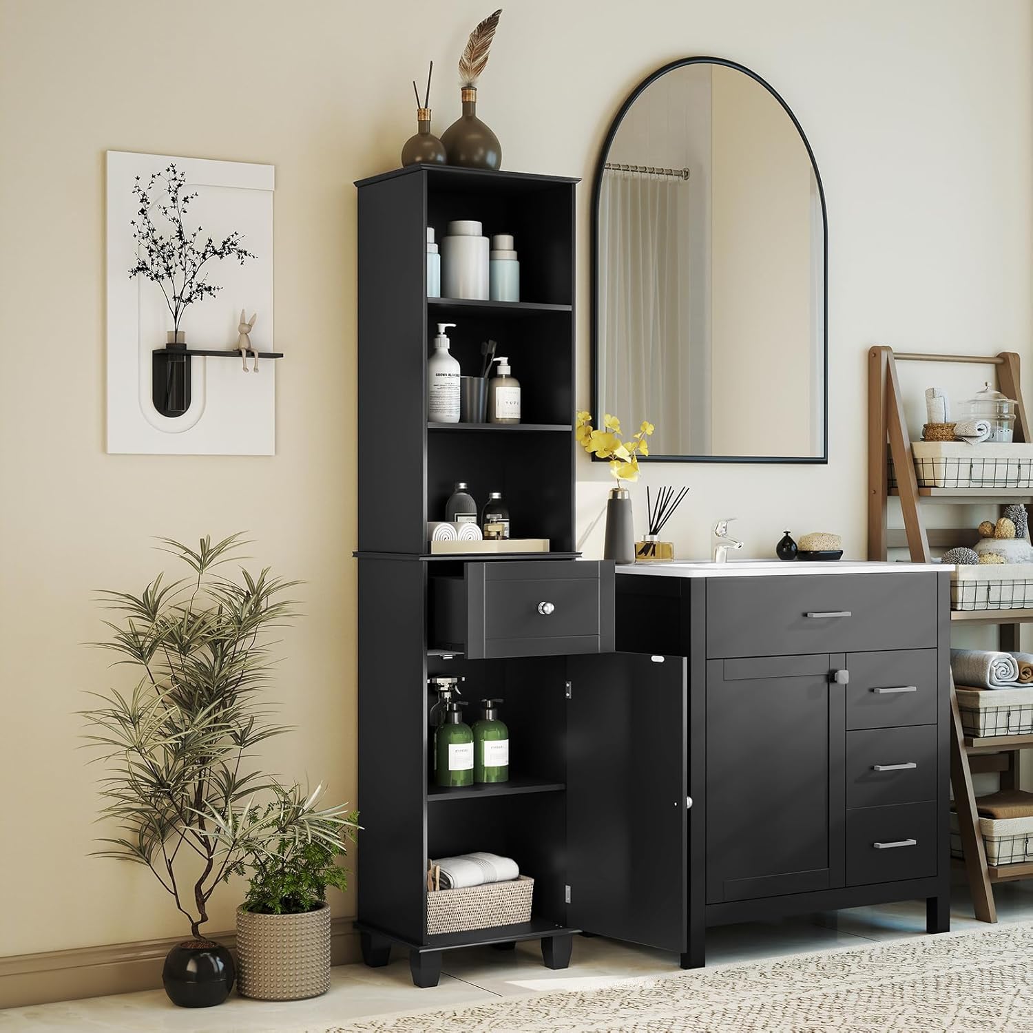 Tall Slim Storage Cabinet Black Drawer Shelves Door Unit