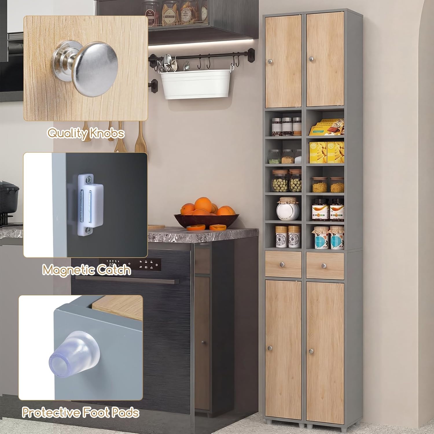 Tall Bathroom Storage Cabinet Slim Drawer Shelf Cupboard Grey Natural