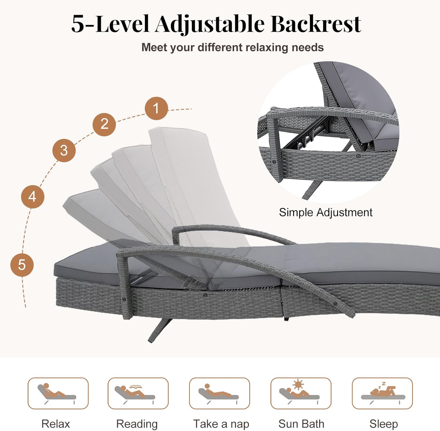 Rattan Sun Lounger Recliner Bed with Cushion Garden Grey
