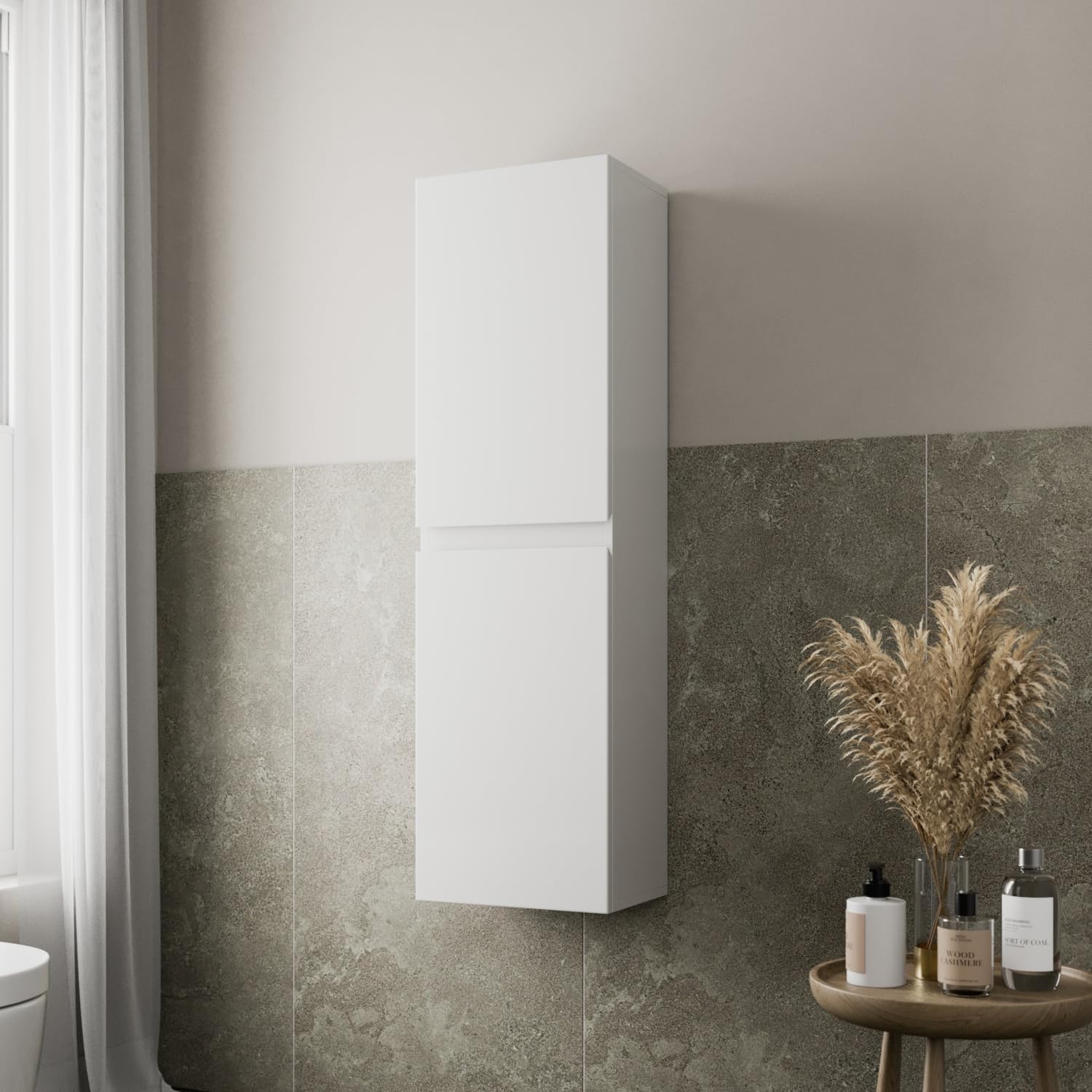 Wall Mounted Tall Bathroom Cabinet White Gloss 2 Door
