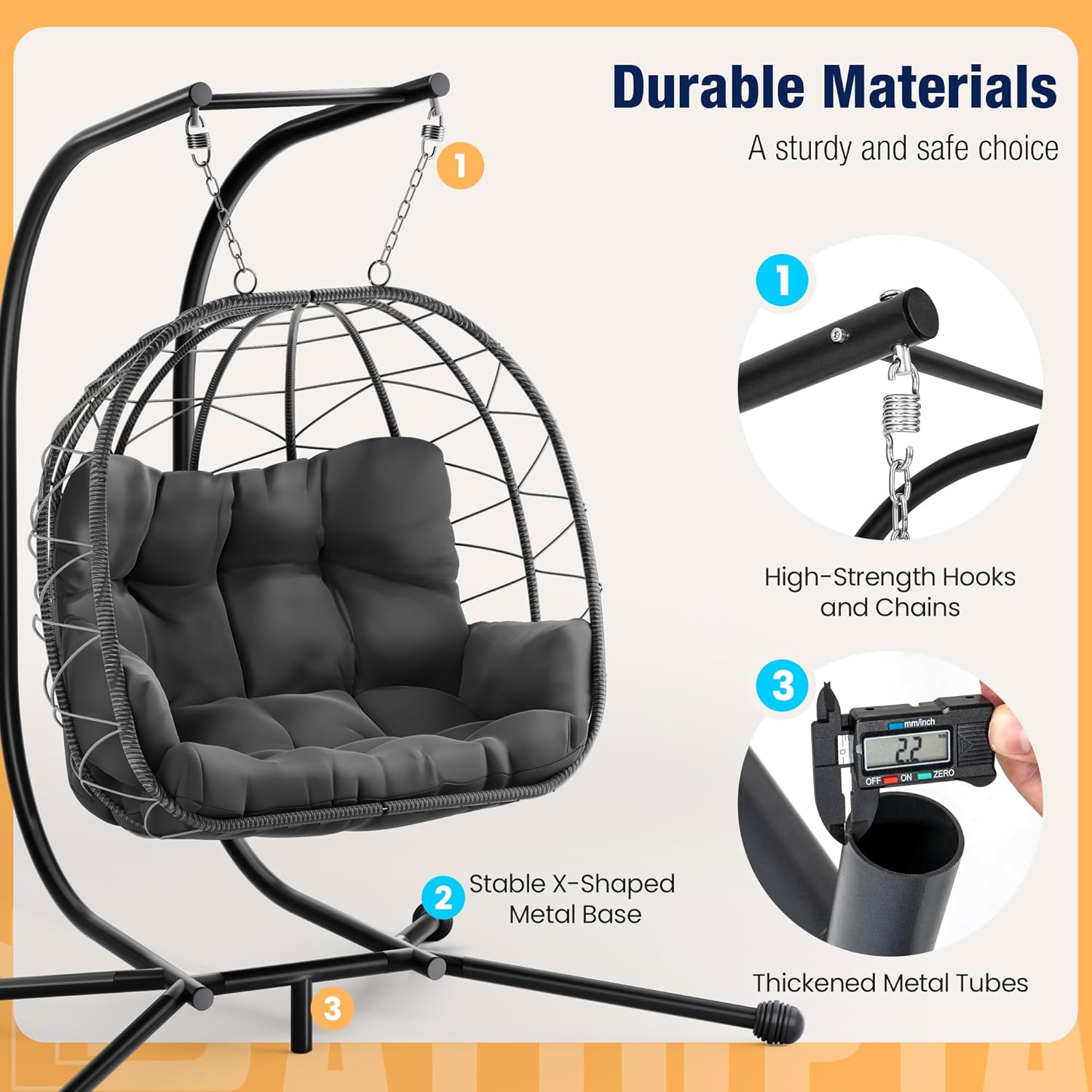 Double Egg Chair with Stand Rattan Swing Seat Grey