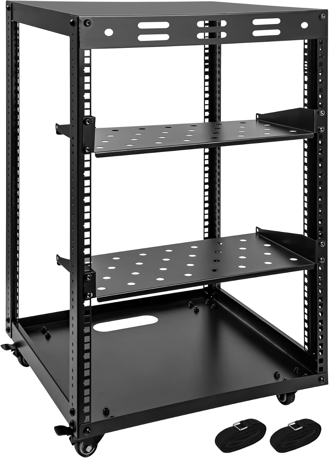 15U Open Frame Server Rack with Wheels 2 Shelves