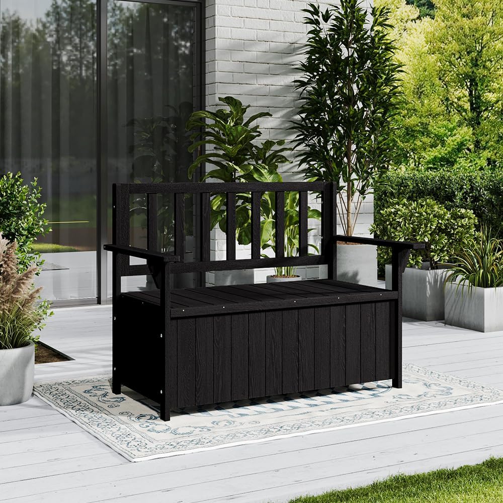 2 Seater Wooden Garden Storage Bench 135L Outdoor Patio Seat Black