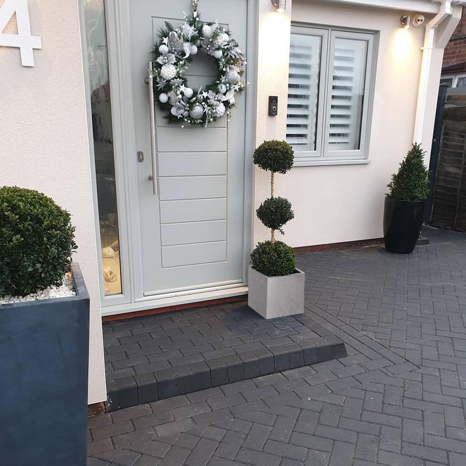 25cm Grey Square Planter Stone Effect Small Garden Pot Drainage