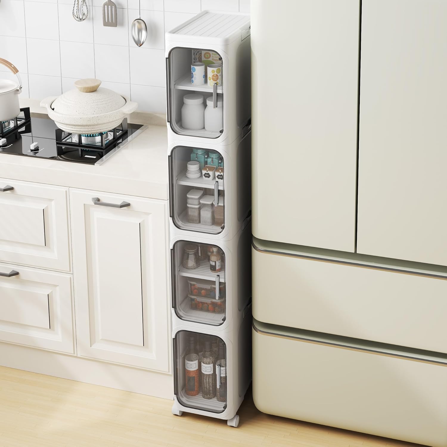 Slim Bathroom Storage Trolley Cabinet with Wheels 4 Tier White