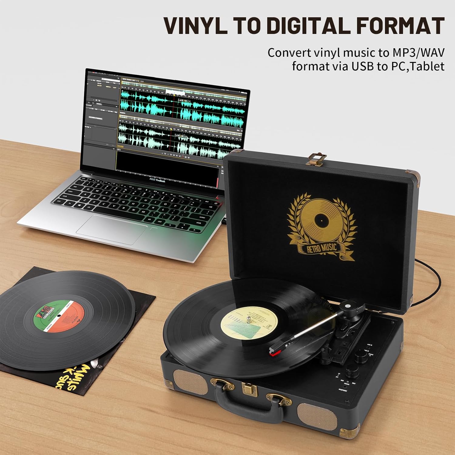 3-Speed Bluetooth Vinyl Record Player with USB, Built-In Speakers