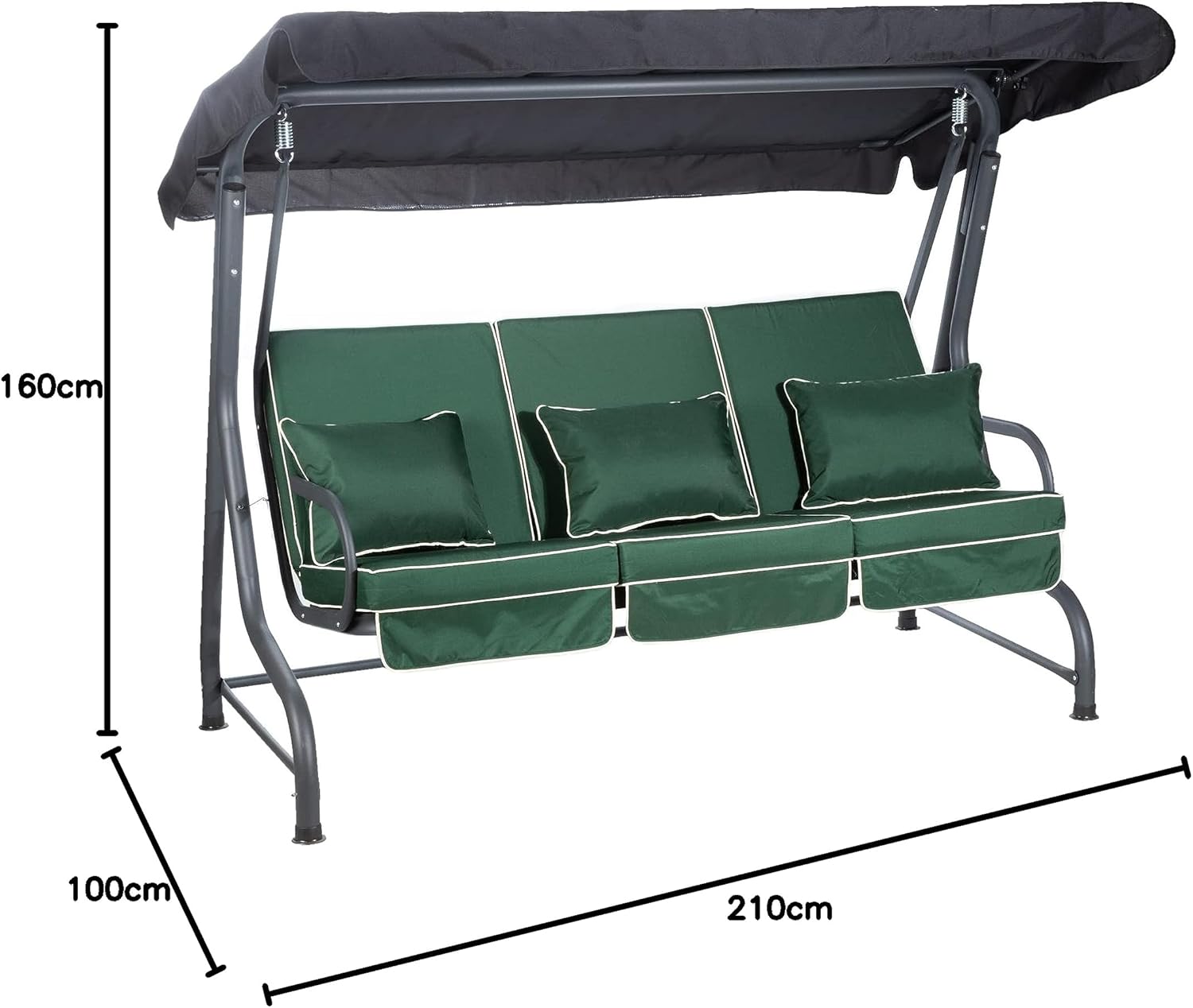 3 Seater Garden Swing Seat Green Canopy Cushions Heavy Duty 250kg