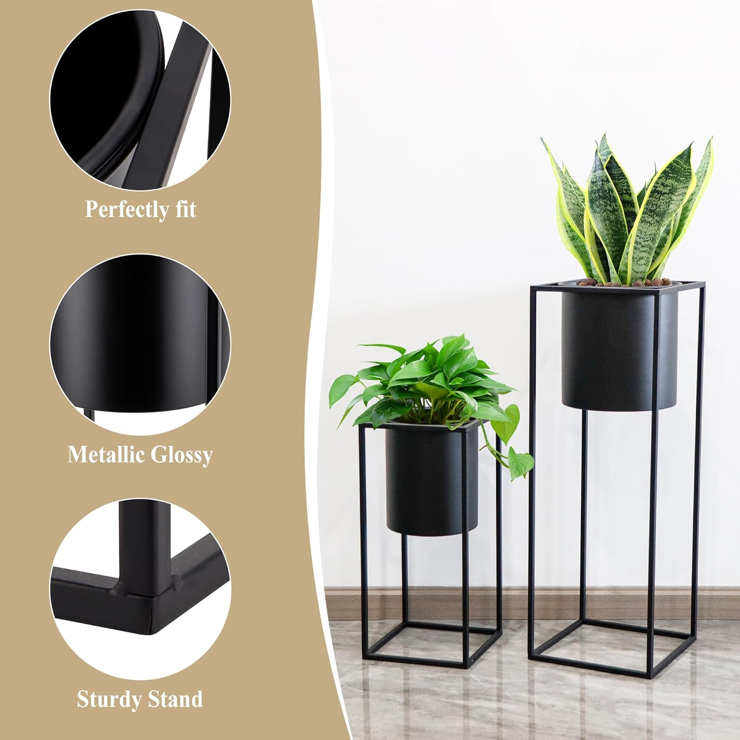Metal Planters with Stand Set of 2 Black Tall Pots 70cm 45cm