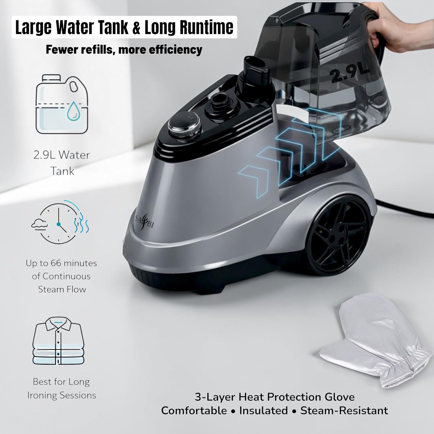 2200W Garment Steamer Upright 2.9L Tank 66 Min Steam Power