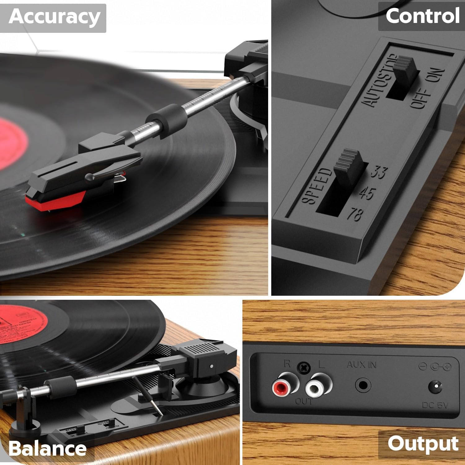 3-Speed Vinyl Turntable with Bluetooth, Built-in Speakers & RCA Output