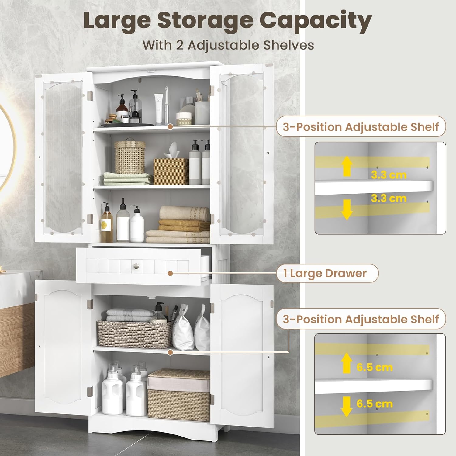 Tall Bathroom Cabinet Glass Door Drawer Shelf Unit White