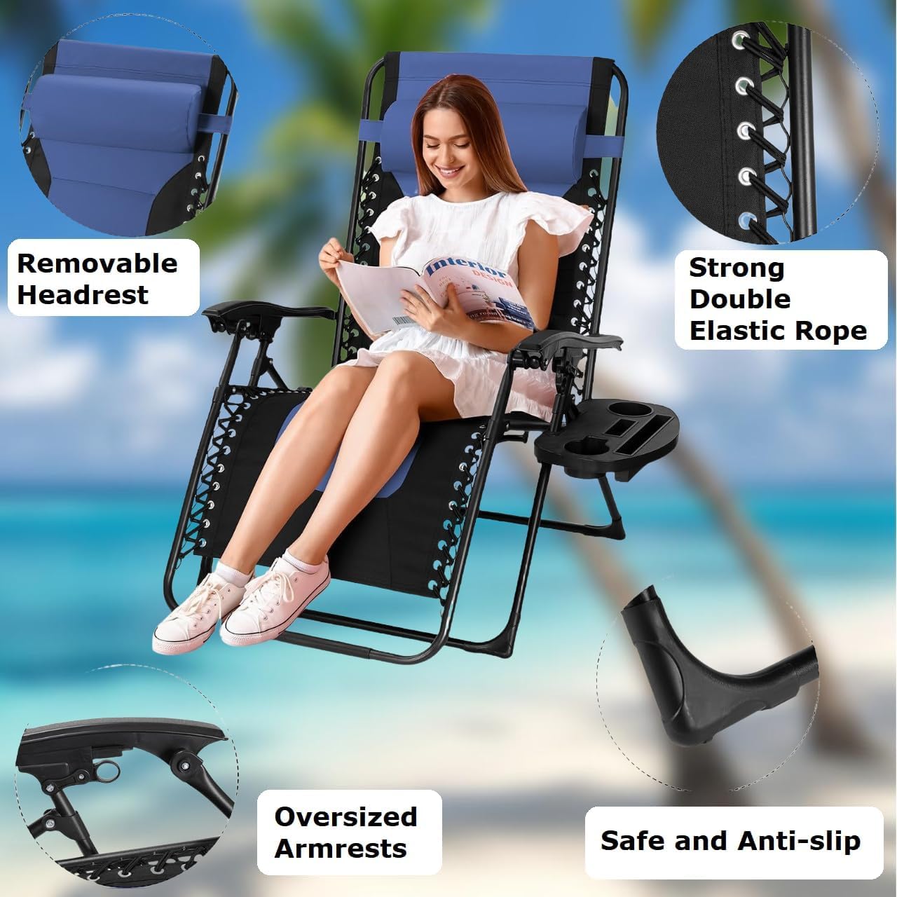 Set of 3 Zero Gravity Sun Loungers Blue with Table
