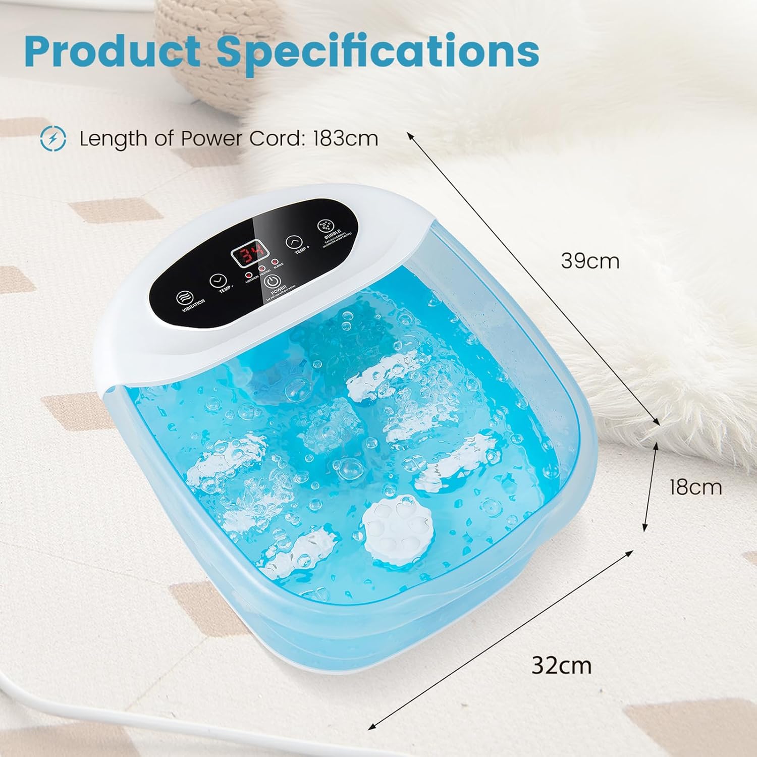 Foot Spa Massager Heat Bubble Vibration Rollers Pedicure Bath