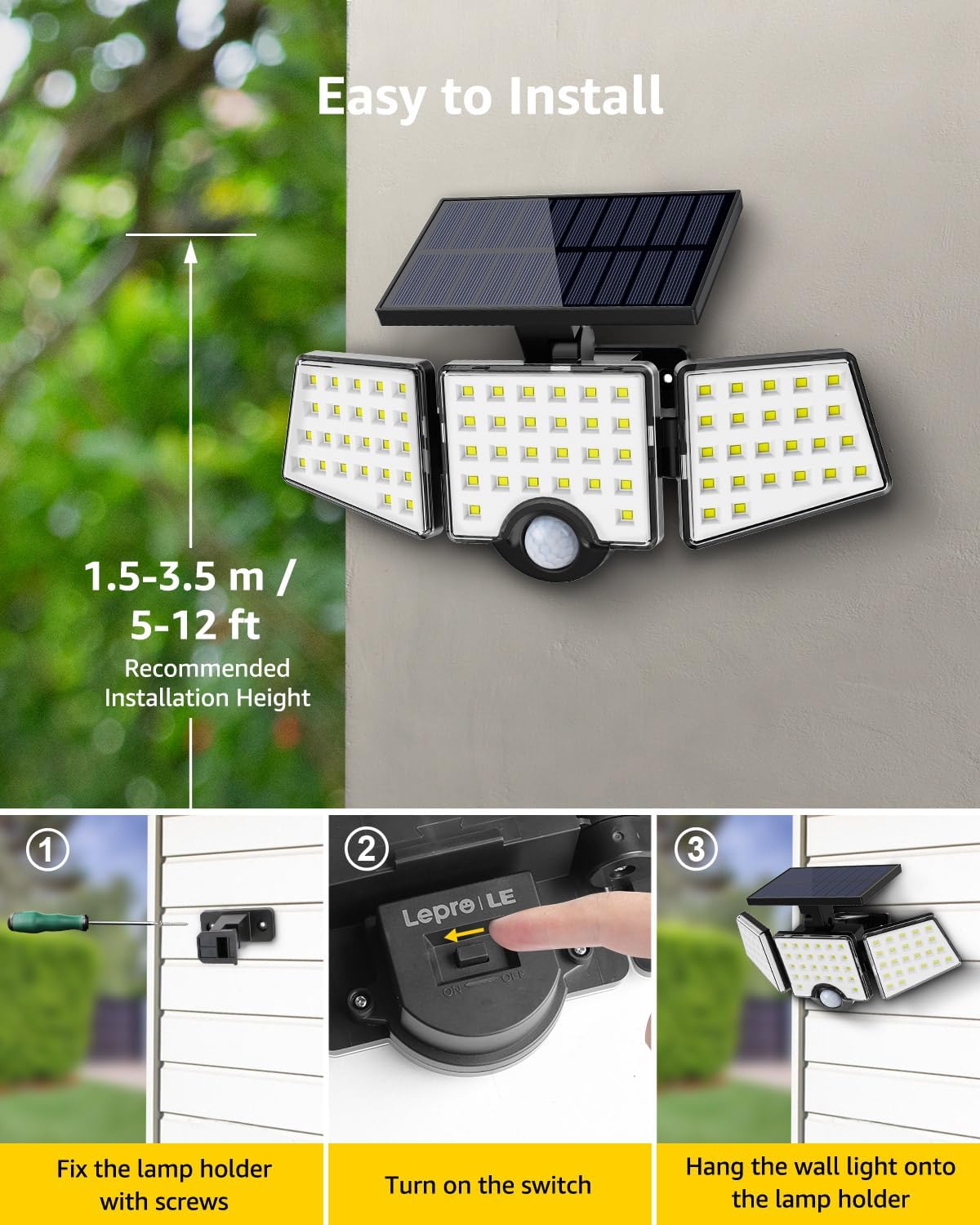 1200LM Solar Security Light Motion Sensor 3 Head IP65