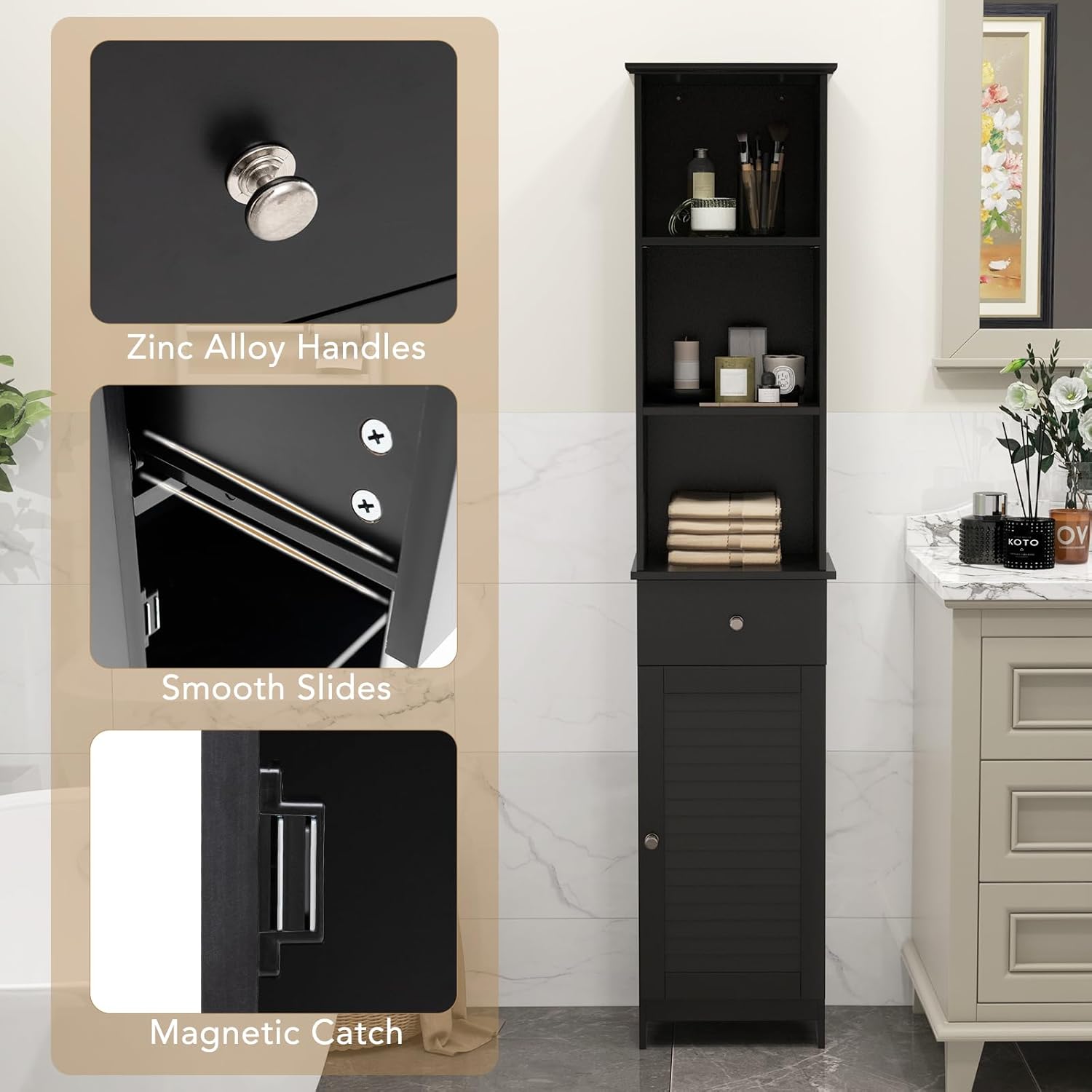 Slim Bathroom Tall Cabinet Drawer Door Shelf Unit Black