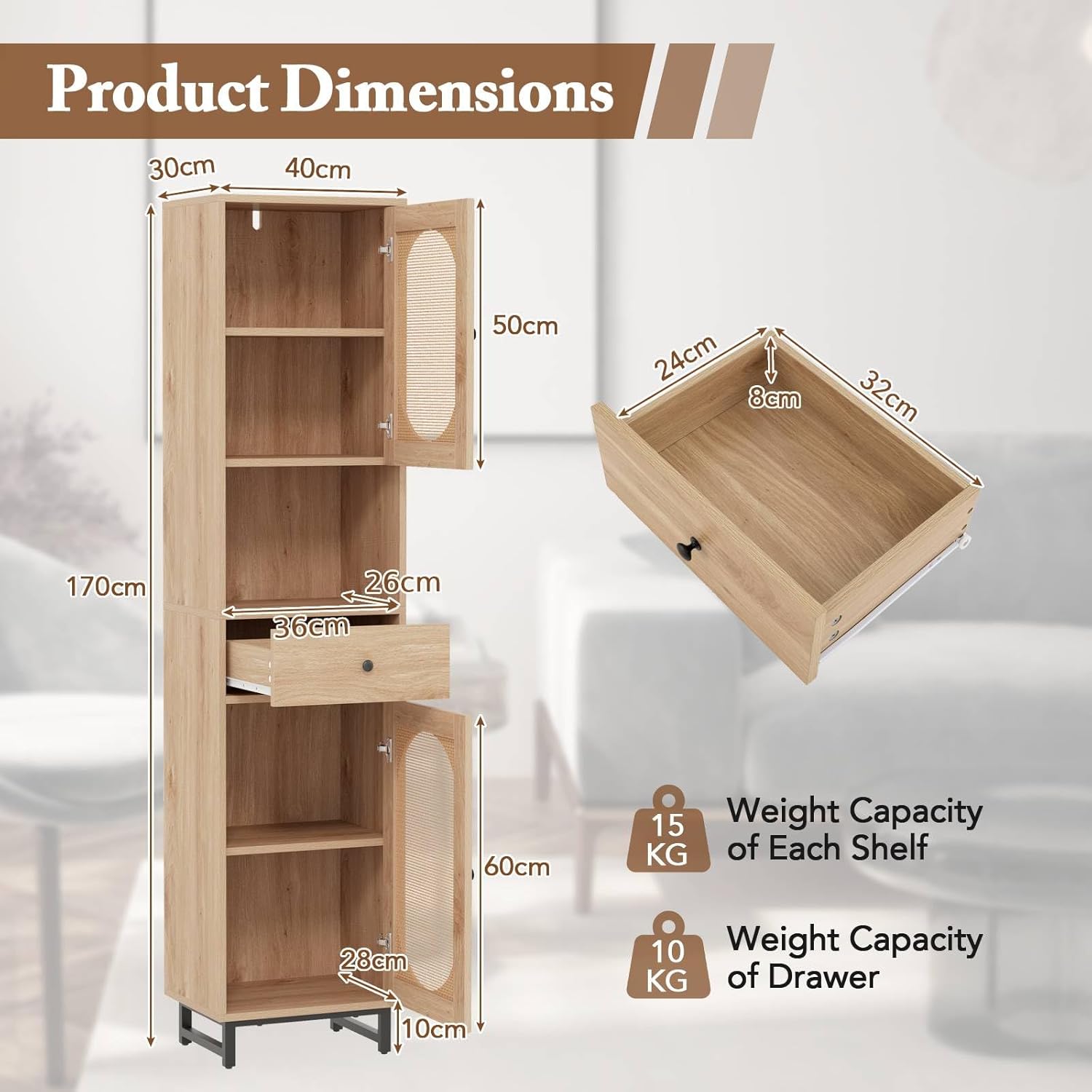 Tall Slim Storage Cabinet Natural Rattan Drawer Door Unit