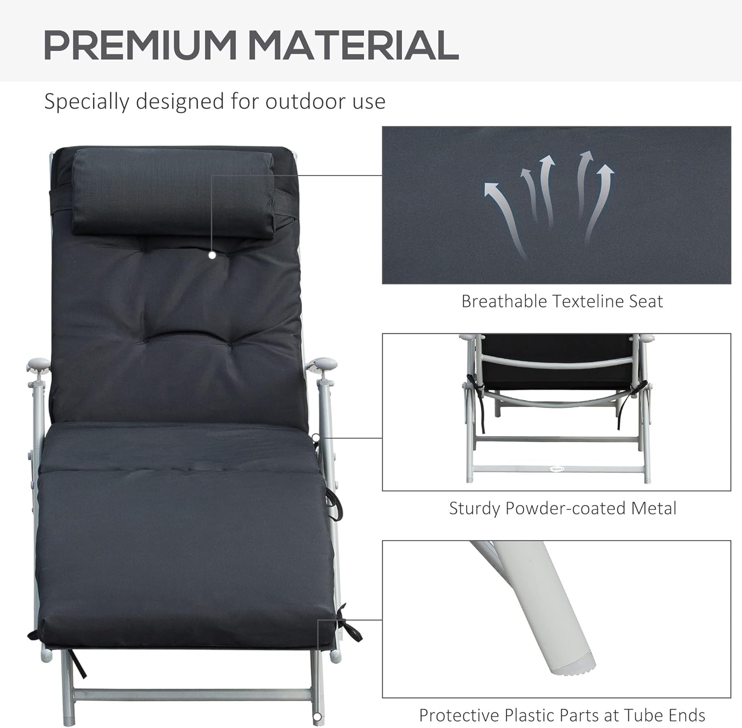 Folding Sun Lounger 7 Level Recliner Chair Black