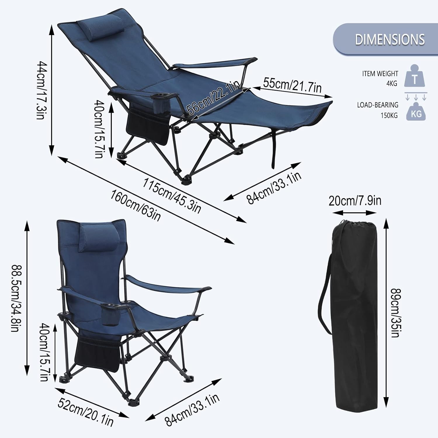 Reclining Camping Chair with Footrest Folding Seat Blue