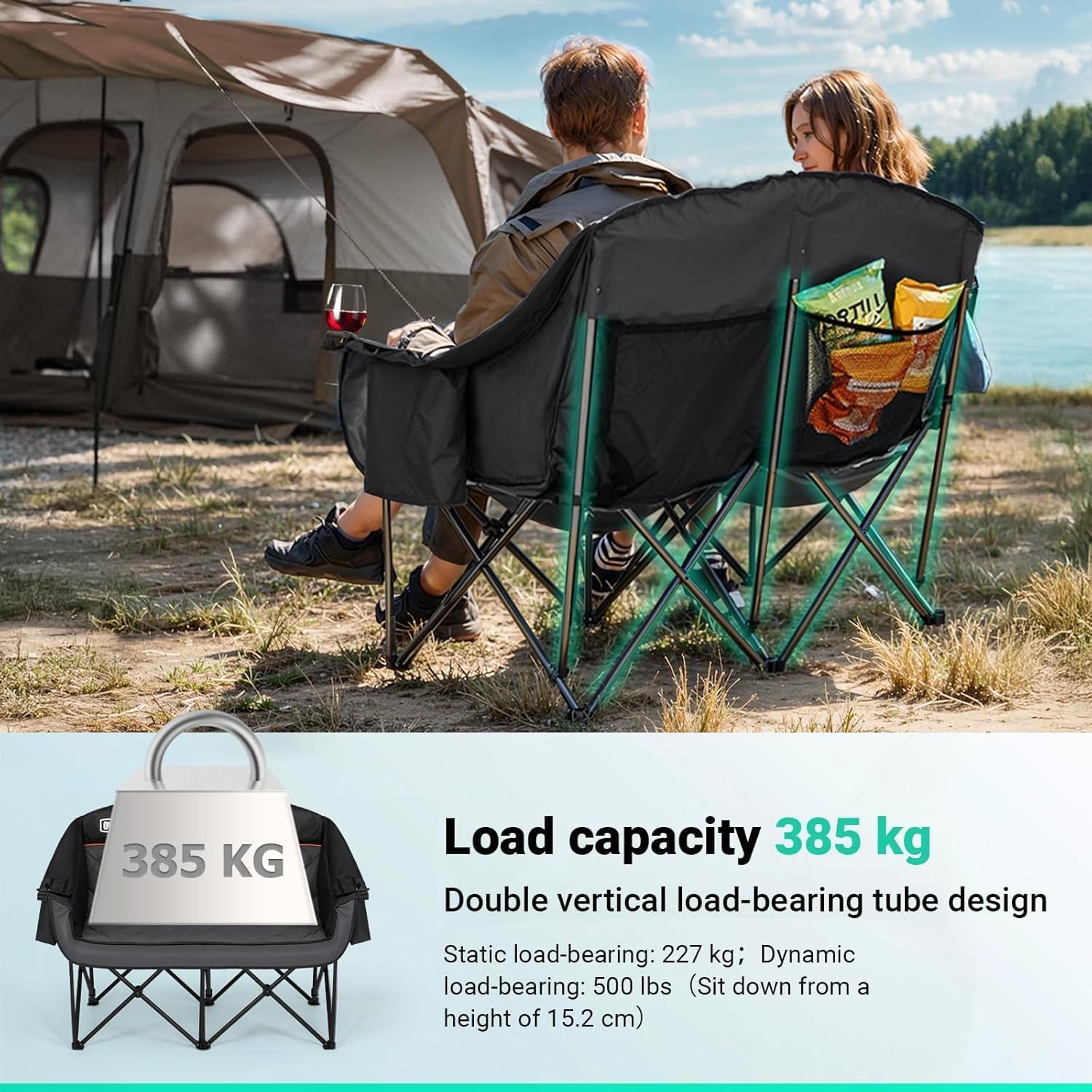 Oversized Double Camping Chair 2 Seater 382kg Black
