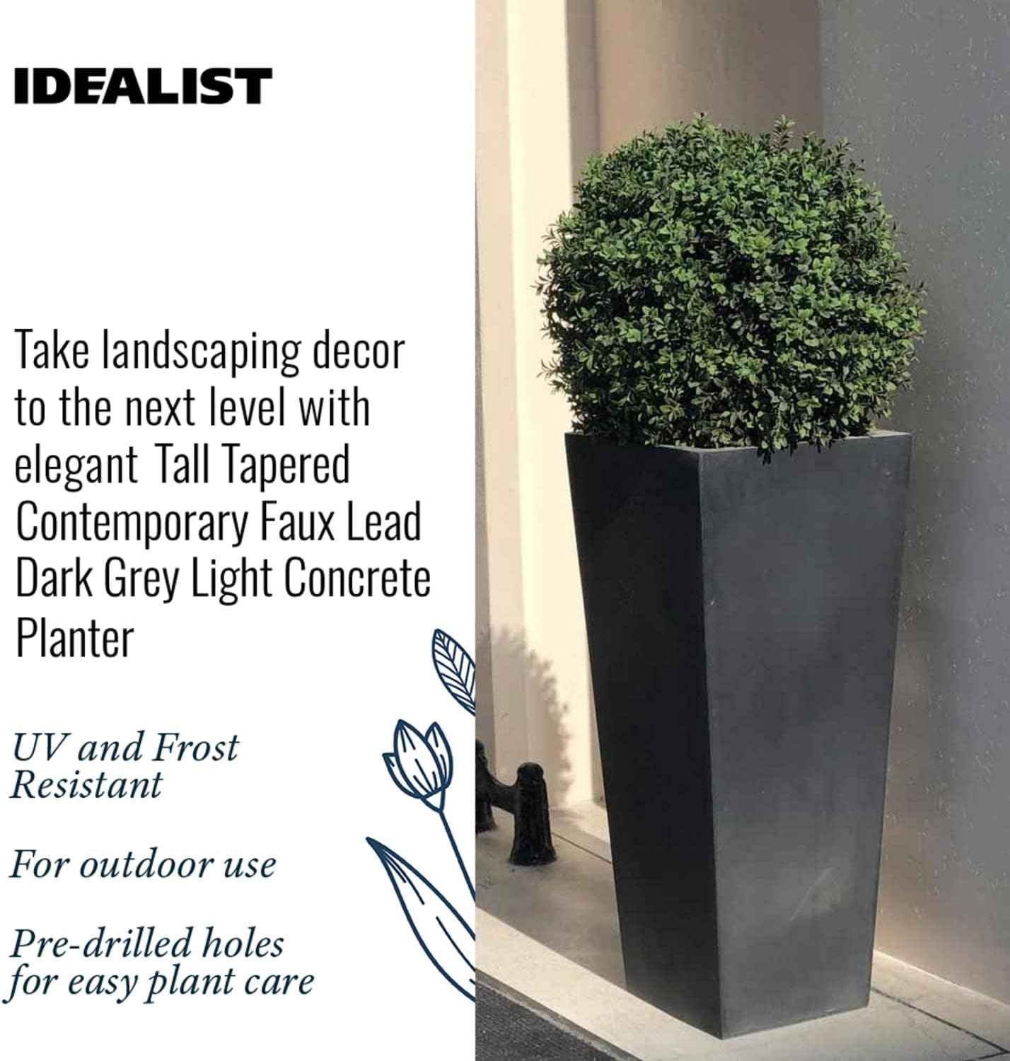 38.5cm Tall Planters Set 2 Dark Grey Stone Effect Square Pots