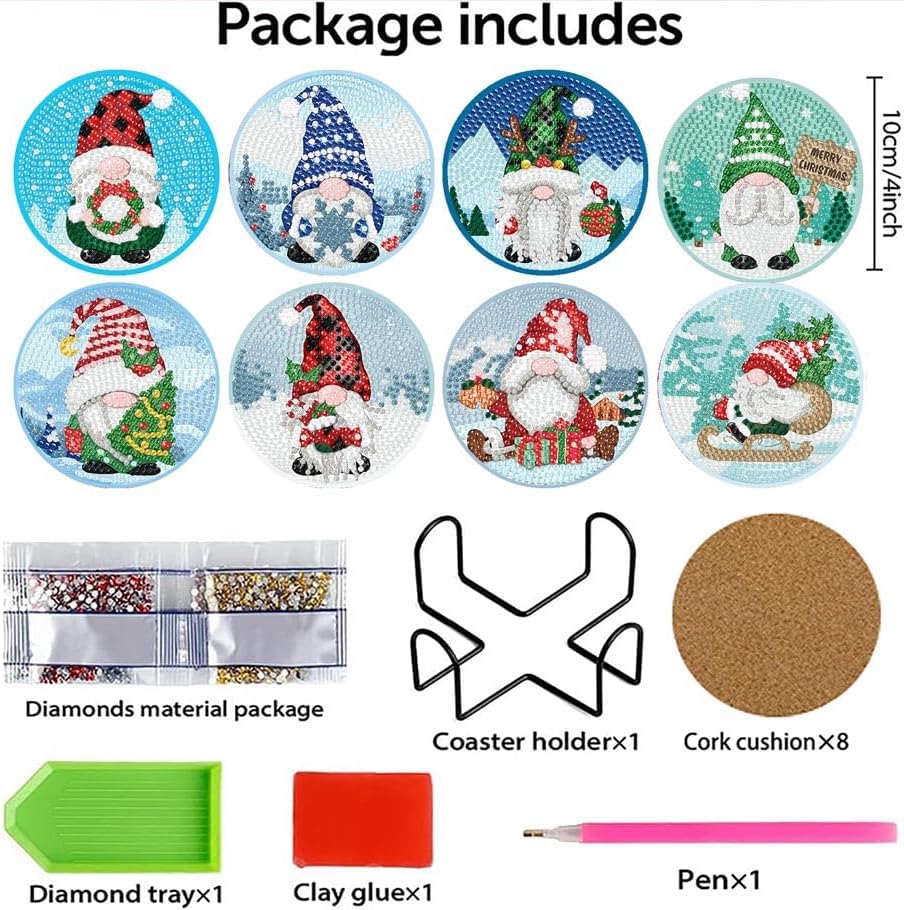 8Pcs Christmas Diamond Art Coasters Kit Gnome DIY Craft Set