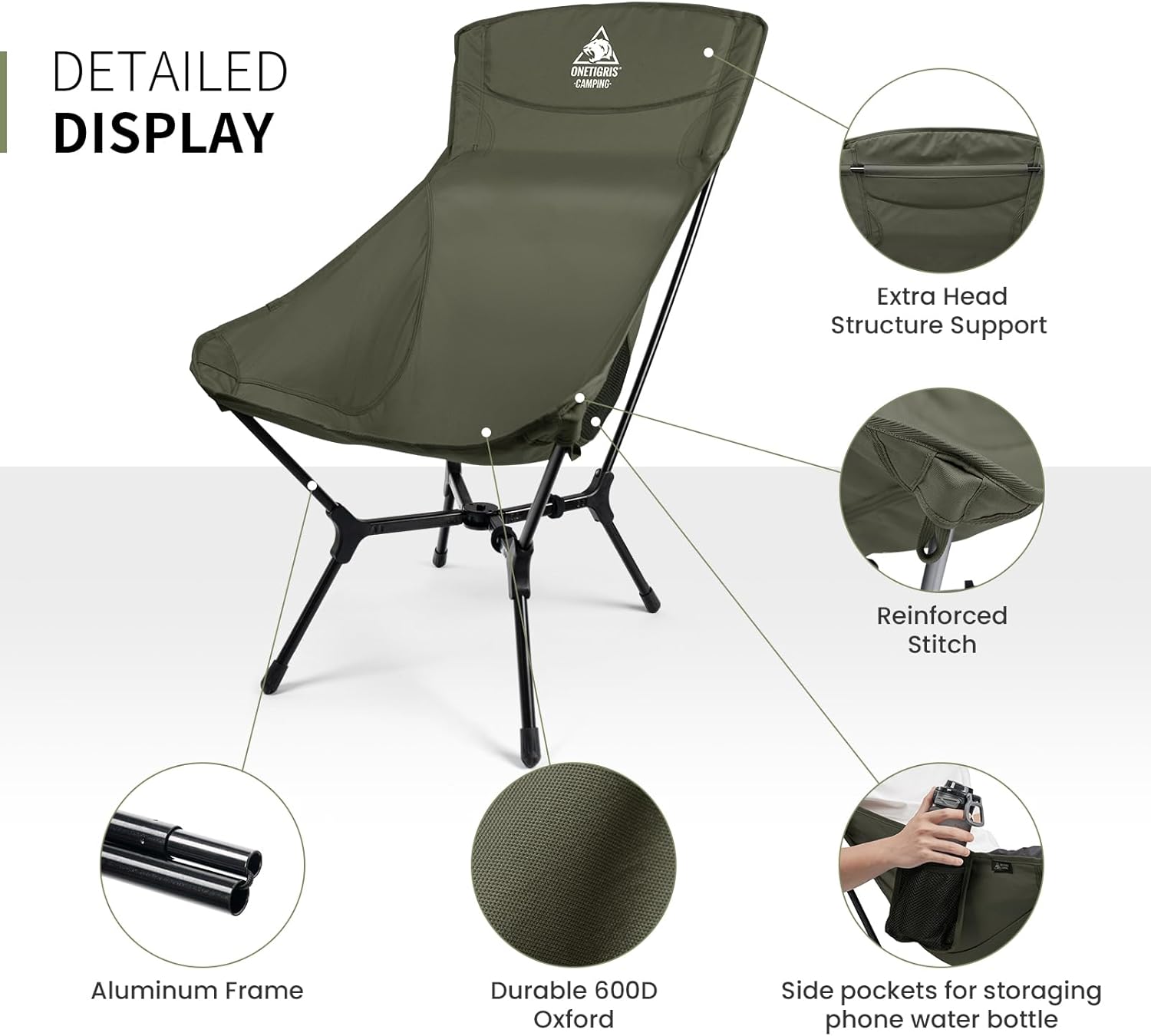 High Back Camping Chair Lightweight Folding Portable Seat Green