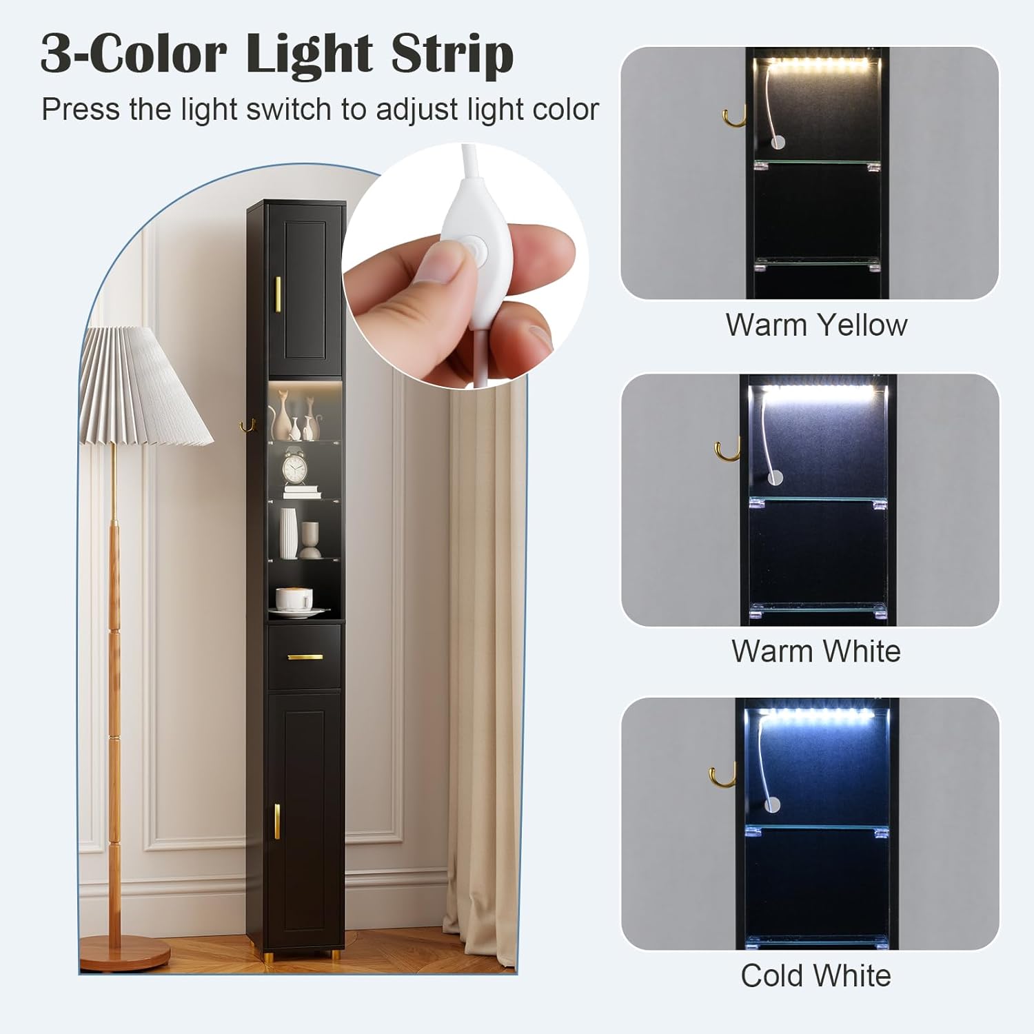 Tall Slim Bathroom Cabinet LED Light Drawer Shelves Black 180cm
