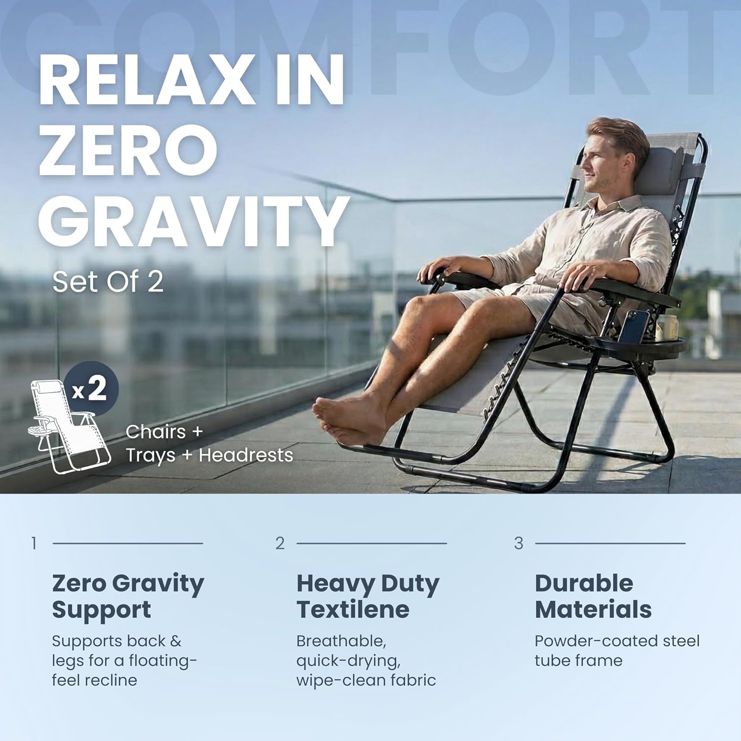 Zero Gravity Chairs Set of 2 Grey Reclining Sun Loungers