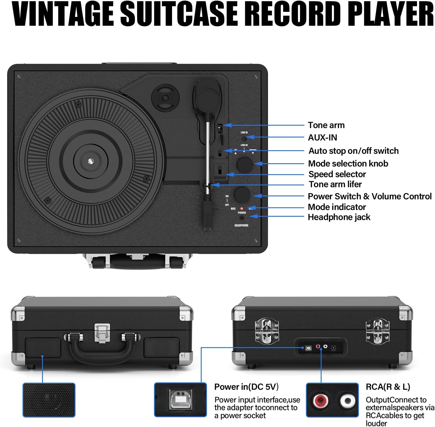 Portable Retro USB Turntable Record Player with Built-In Stereo Speakers