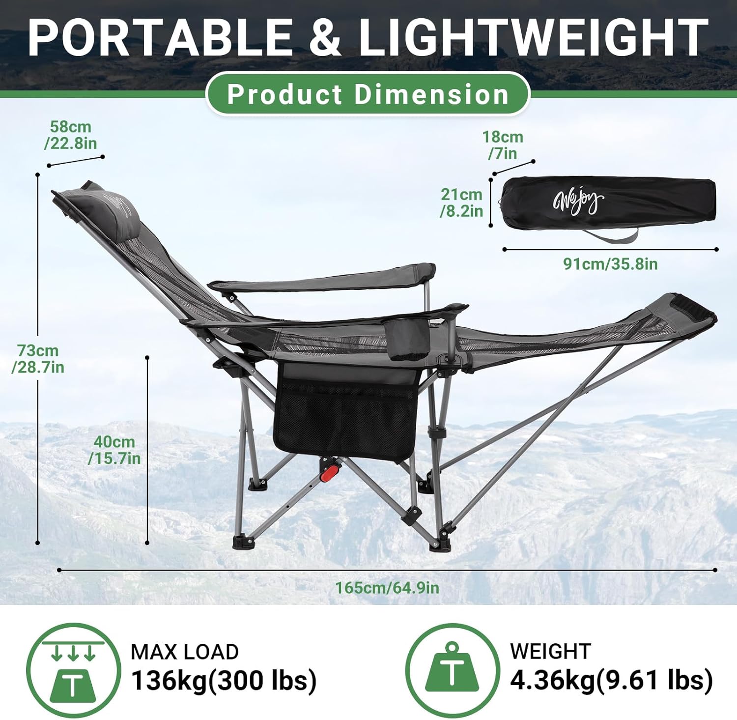 Reclining Camping Chair with Footrest Dark Grey