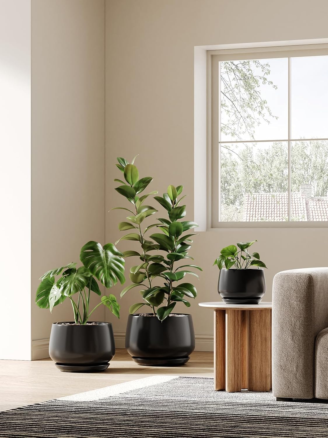 30cm Black Ceramic Plant Pot Large Planter with Drainage Saucer