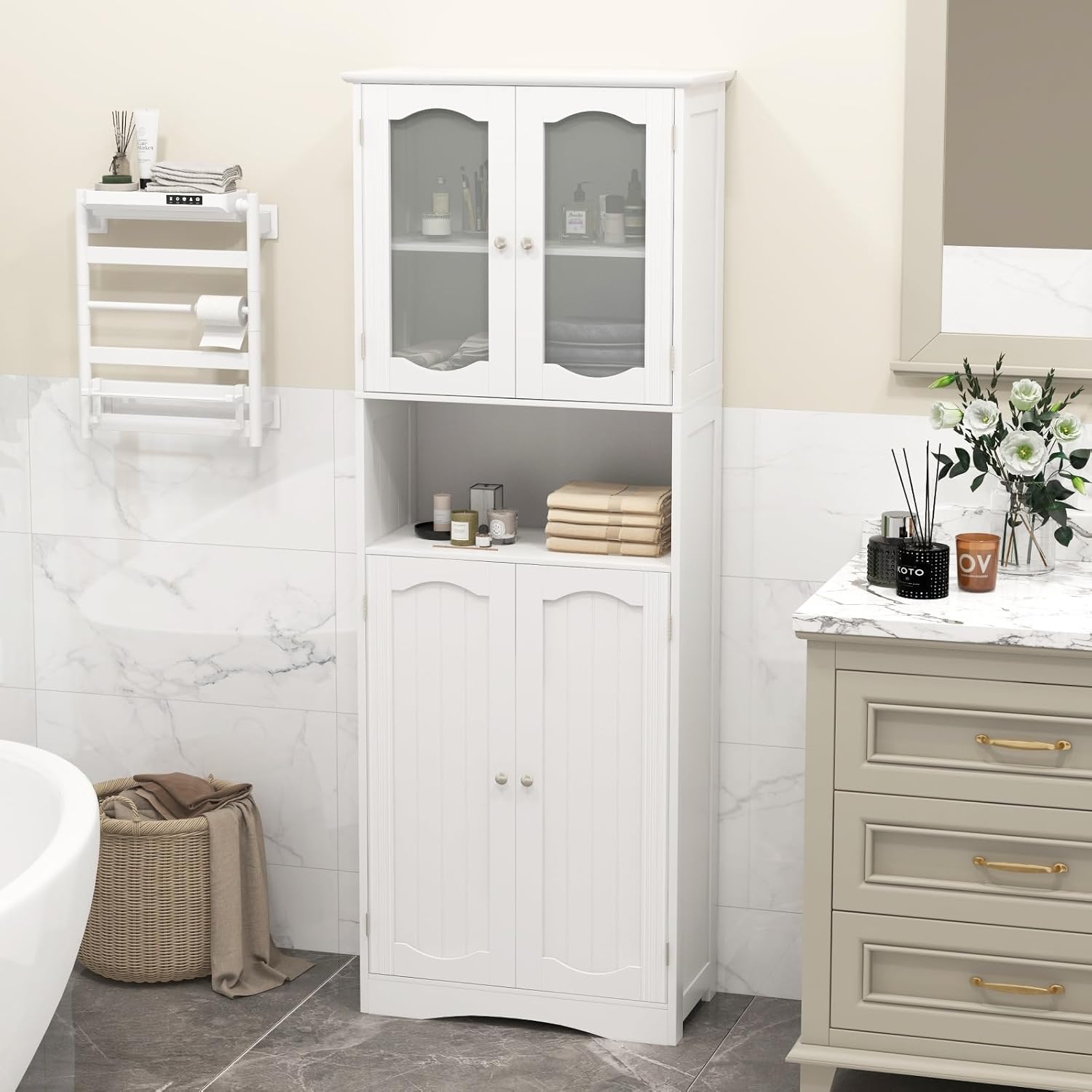 Tall Bathroom Storage Cabinet Glass Door Shelf Unit White