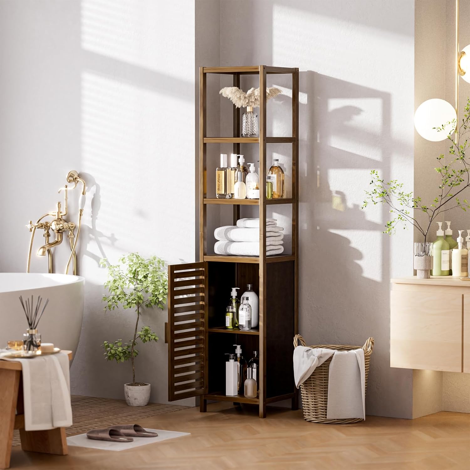 Bamboo Tall Storage Cabinet Walnut Open Shelf Door Unit