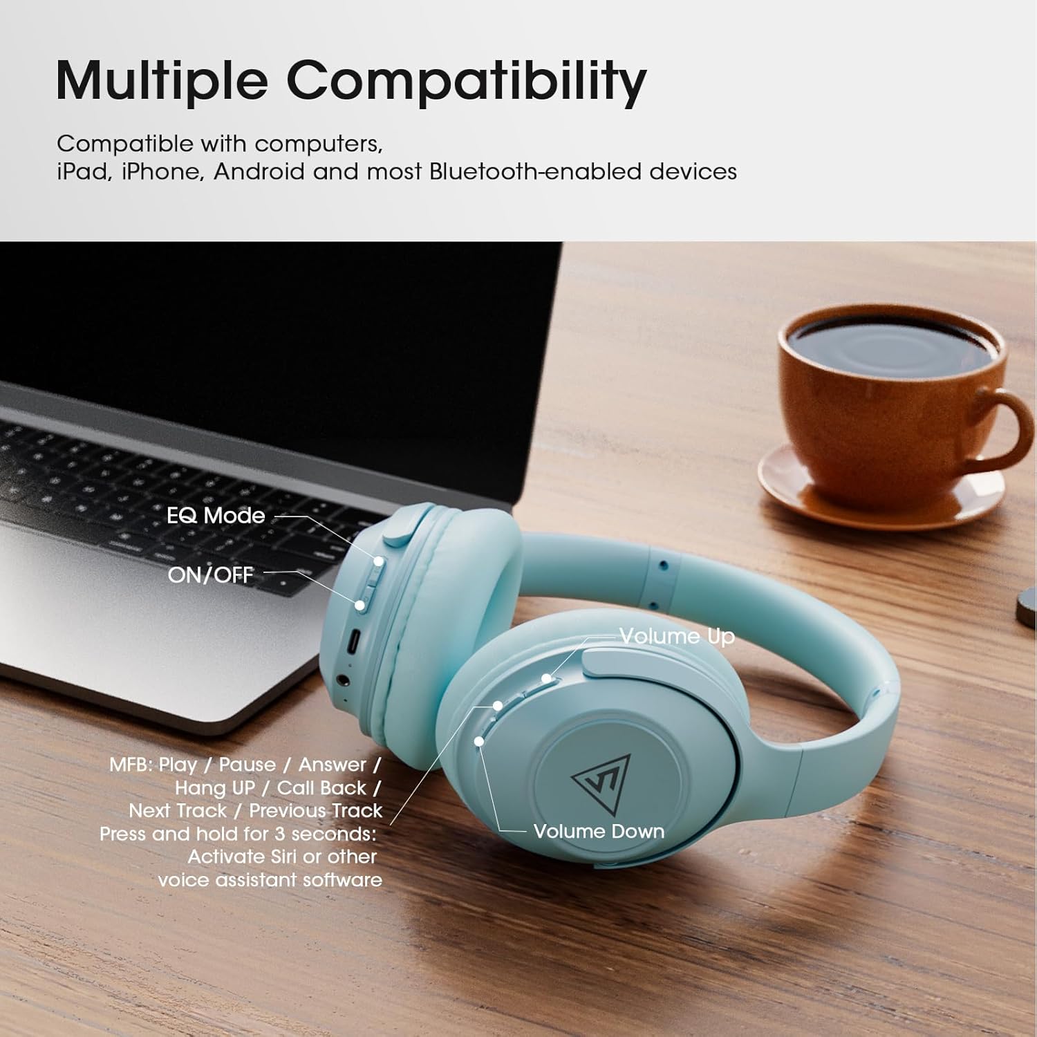 Wireless Bluetooth Over Ear Headphones 70 Hour Battery 3 EQ Blue