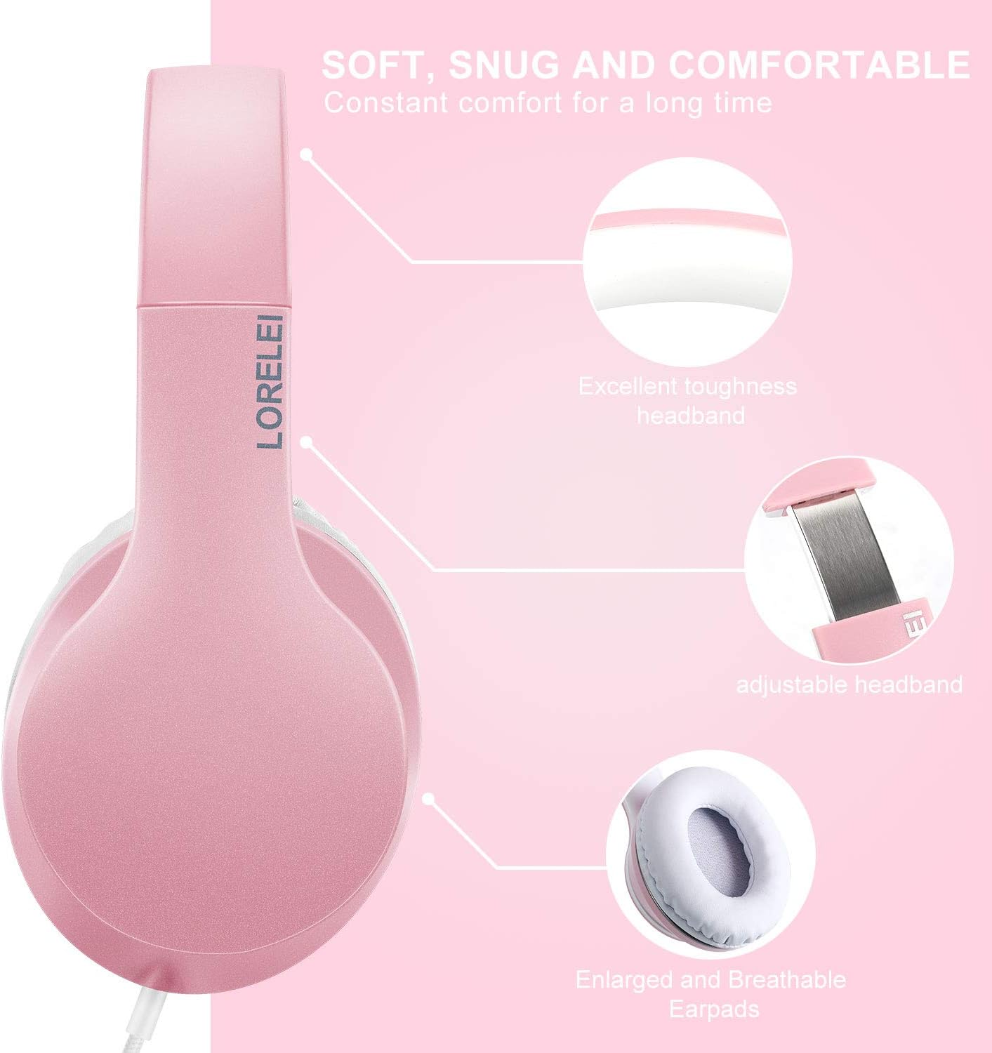 Wired Over Ear Headphones With Mic Stereo Bass 3.5mm Pink