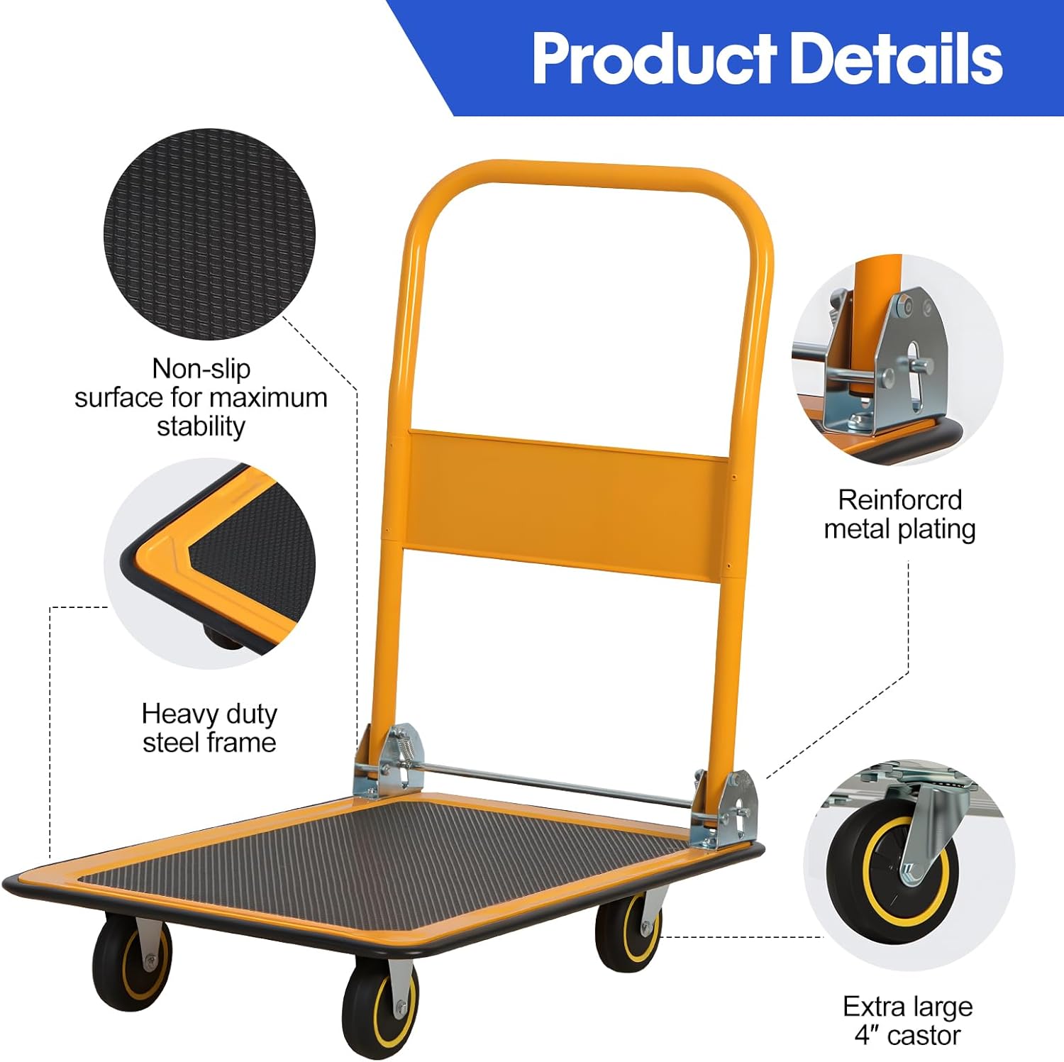 Heavy Duty Foldable Platform Trolley 150KG Push Hand Cart Yellow