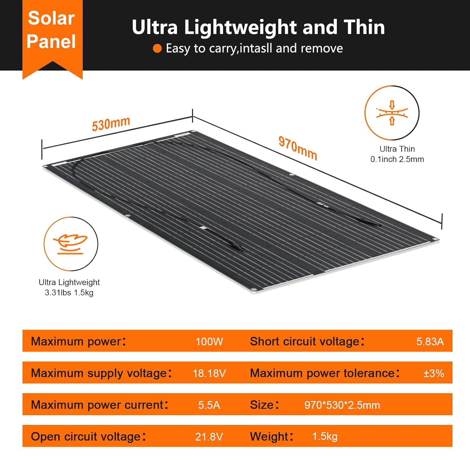 100W Flexible ETFE Solar Panel Monocrystalline Off Grid RV Boat