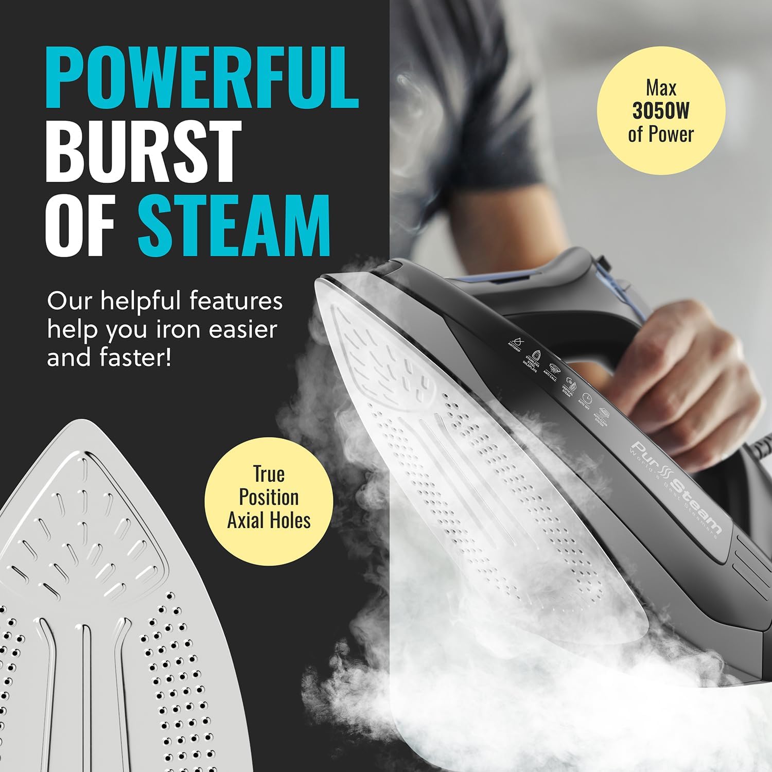 Powerful Steam Iron 3050W Stainless Soleplate Self Clean Auto Shutoff