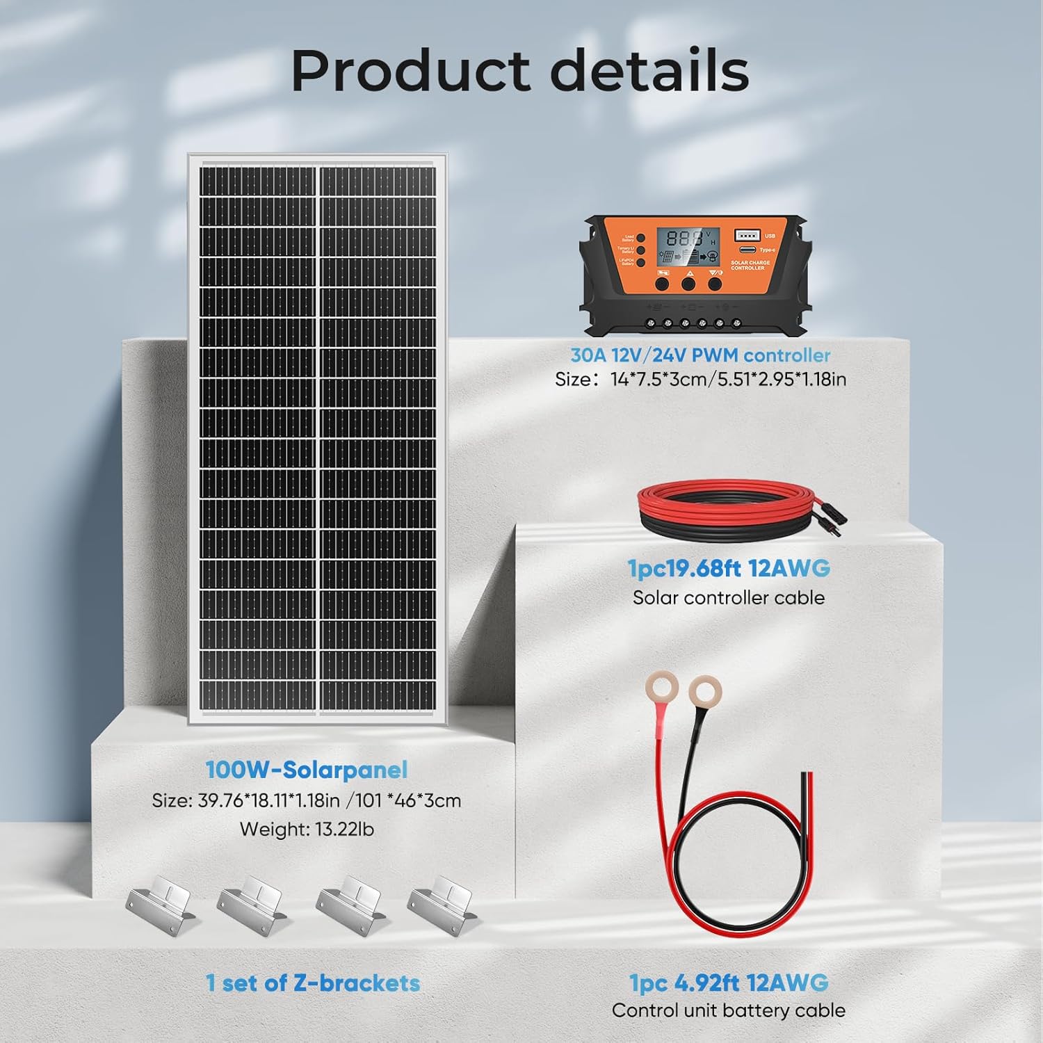 100W Solar Panel Kit N Type 30A Controller Z Mounts