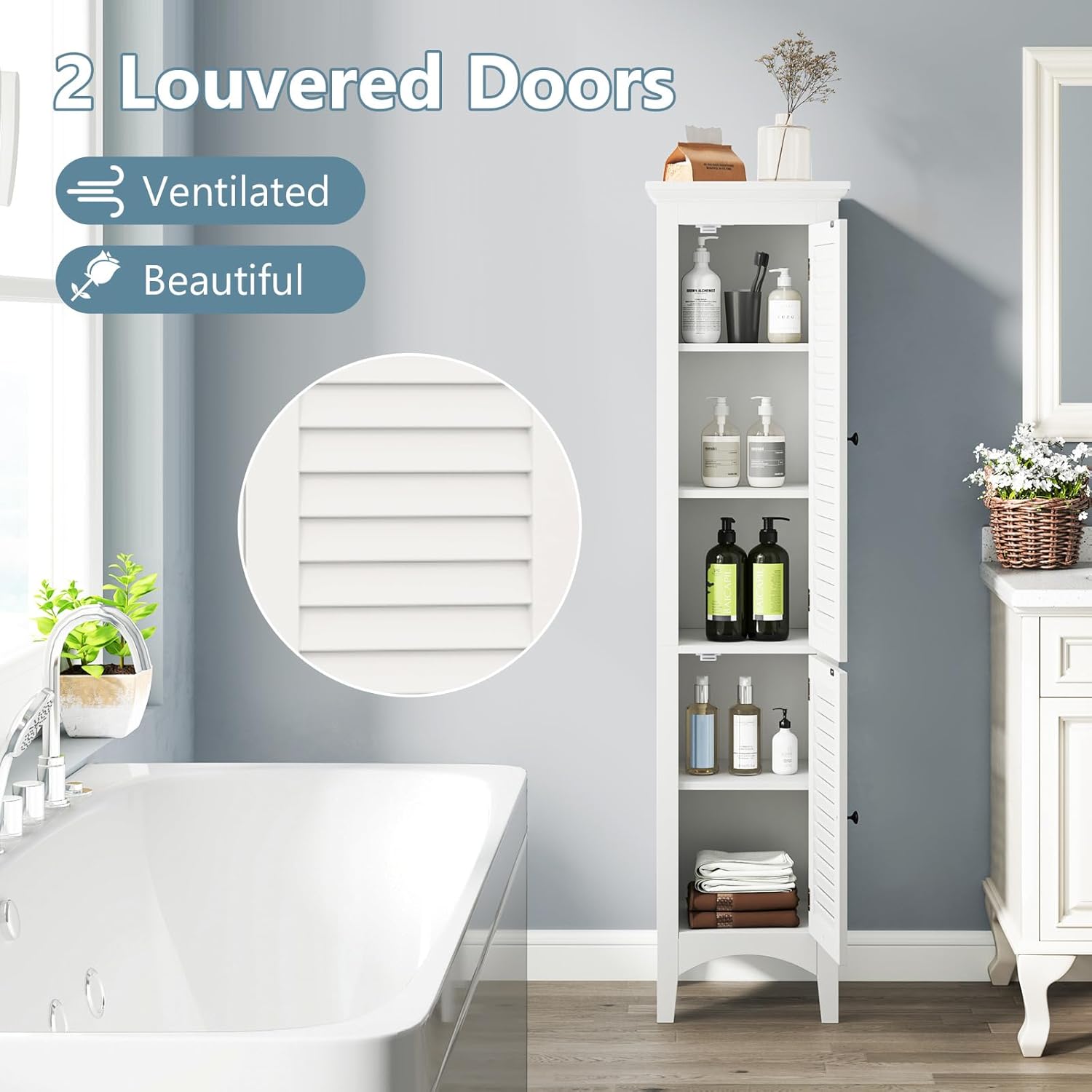 Tall Bathroom Storage Cabinet White 2 Door Shelf Unit