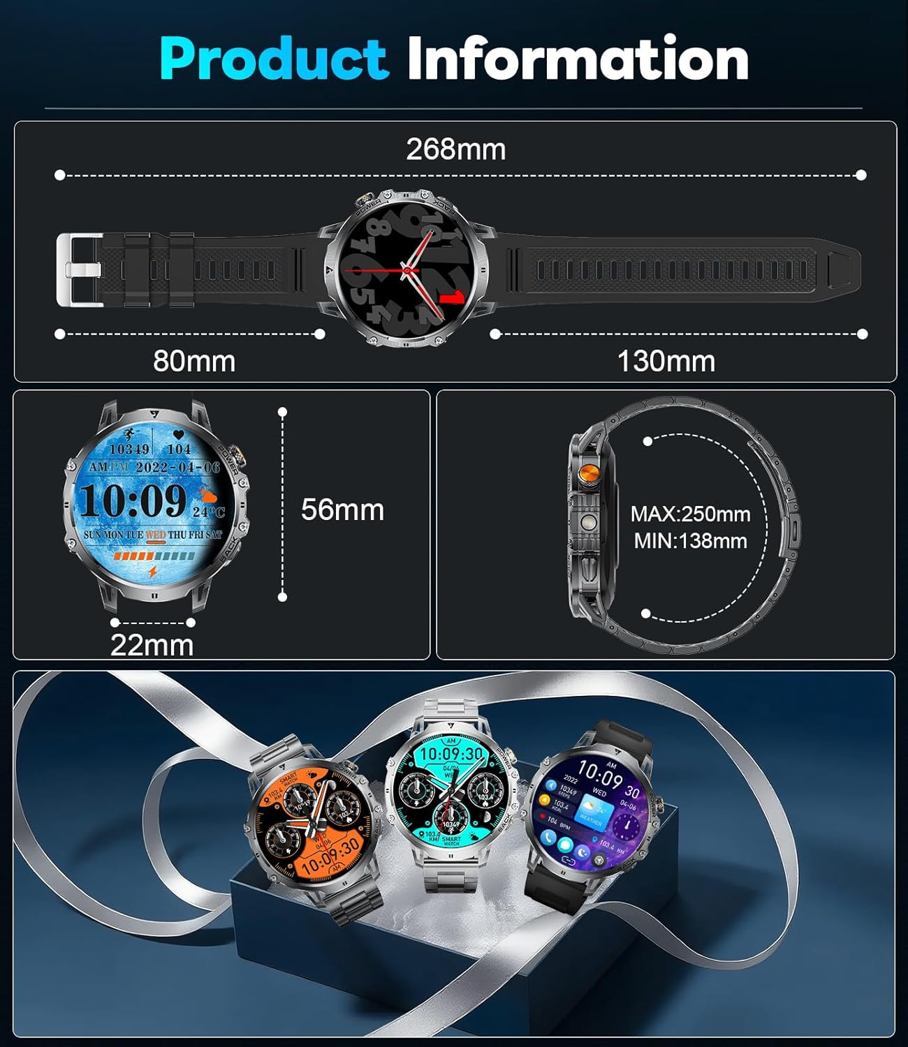 Mens Smart Watch Bluetooth Call 1.85 HD Fitness Tracker