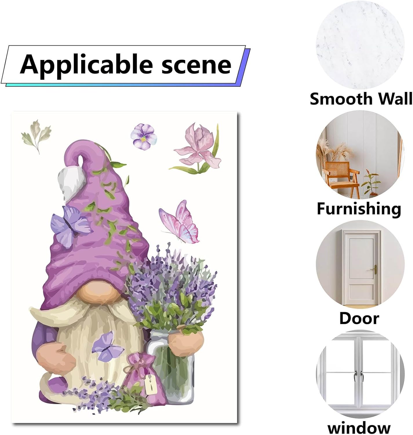 Gnome Window Stickers Floral Reusable Waterproof PVC Wall Decals 8pcs